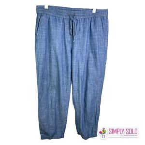 J.CREW Women's Sz M Drawstring Pants Blue Chambray Pull-On Cotton Stretch Cuffed
